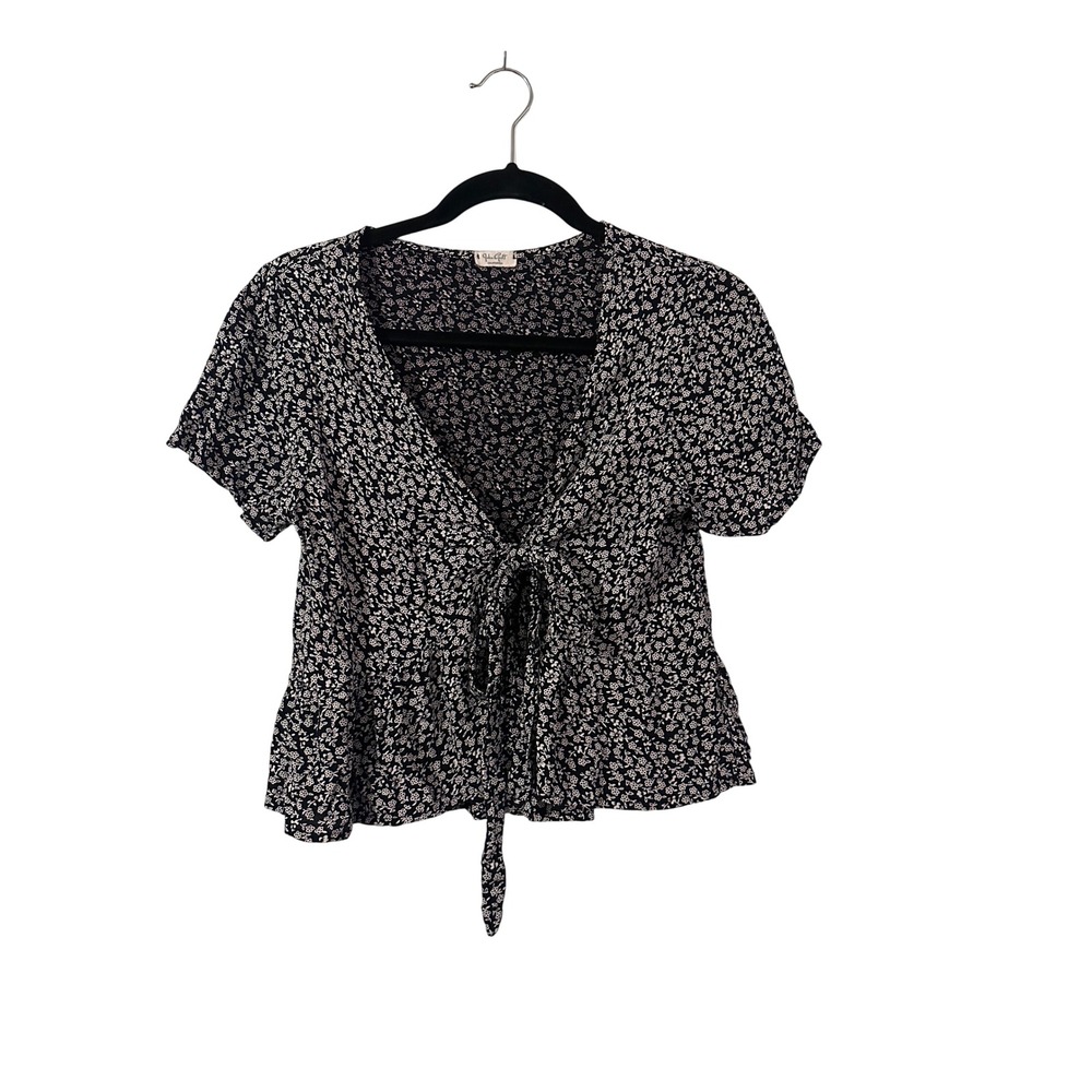 Brandy Melville Black Floral Tie Front Peplum Blouse Short Sleeve Women's Top